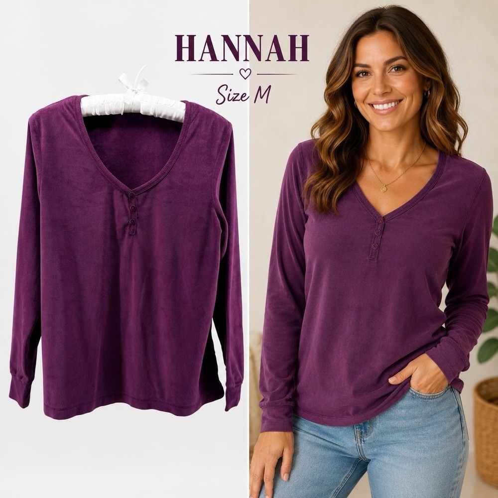 Hannah Plum Velour Long Sleeve Henley Top Women's Medium Soft Stretch Casual
